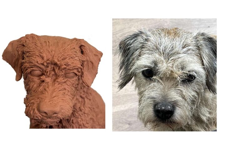 Magnificent Millie Border Terrier original and the clay stage of her statue by JOEL