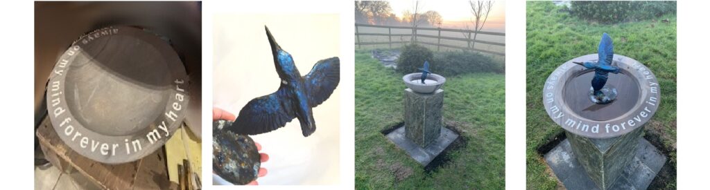 Commemorative birdbath with Kingfisher bronze for client made bespoke by JOEL
