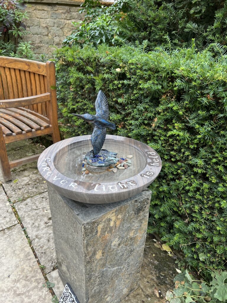 Kingfisher bronze and birdbath feature by Sculptress Joel for garden design