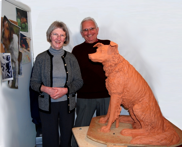 Chairman Mark Rand and his wife come to check the progress of the Ruswarp statue by JOEL in the clay