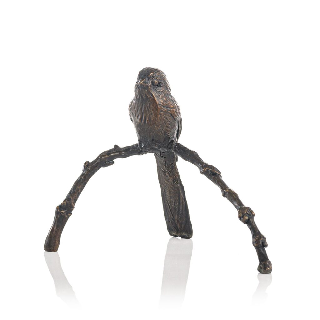 Long tailed Tit in bronze by Sculptress JOEL the single bird in front view