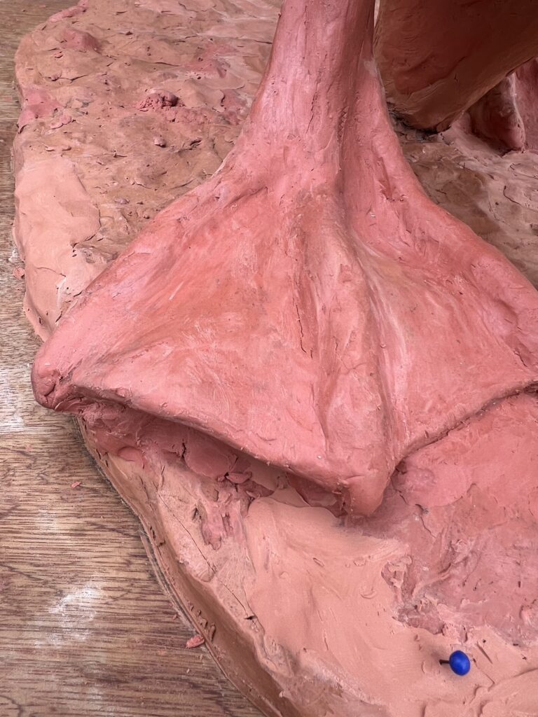 The webbed foor of the life sized Goose statue in the clay by JOEL