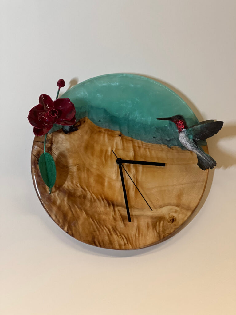 Hummingbird Bronze Clock with Orchid by Sculptress JOEL